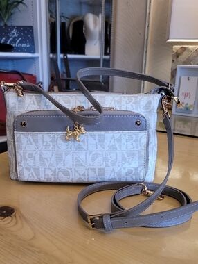 BONIA Logo-Print Beige and Taupe Crossbody Bag with Gold Fox Charm